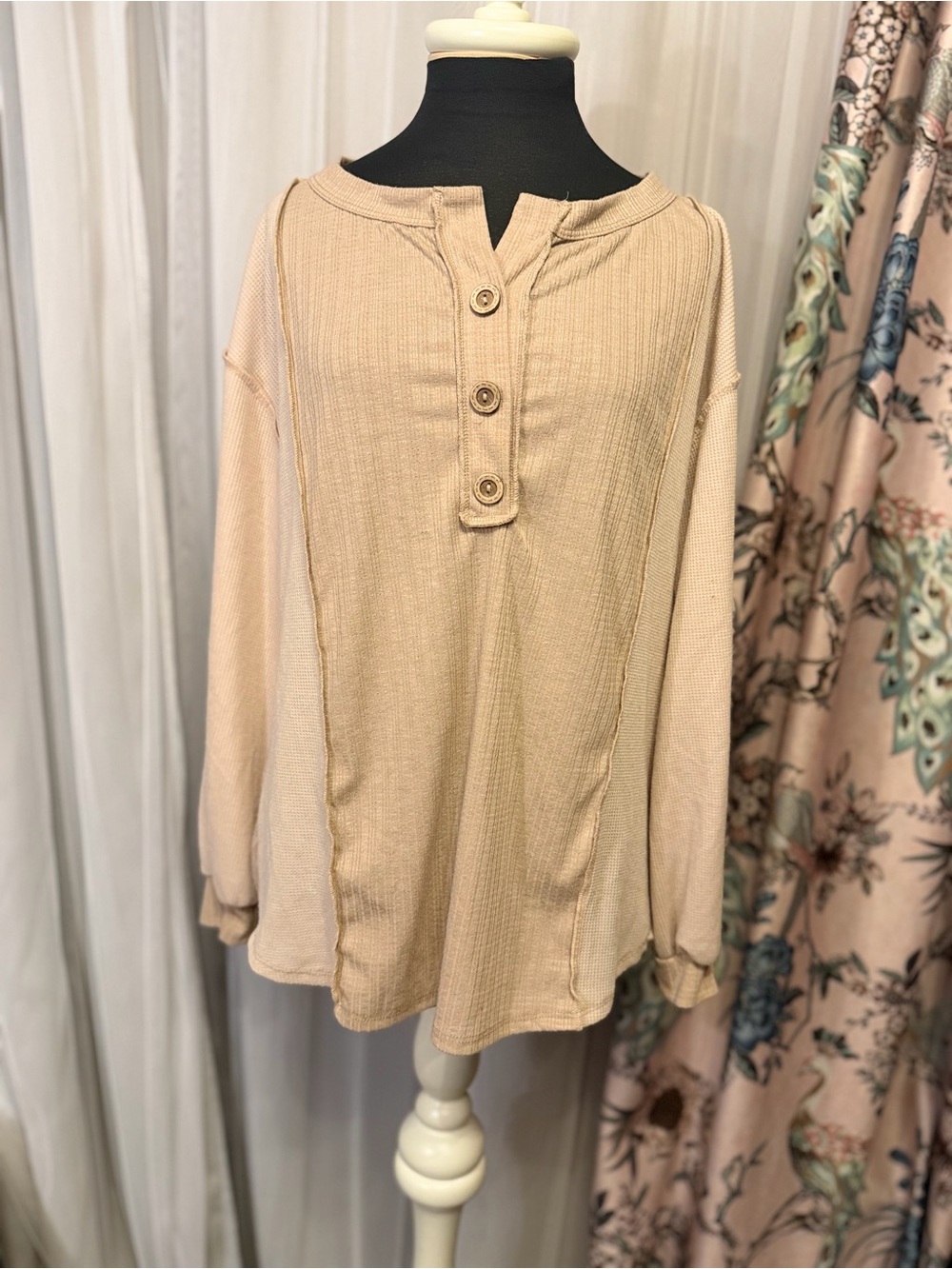 BiBi Beige Mixed Texture Henley Top Size Small Oversized Boho Casual